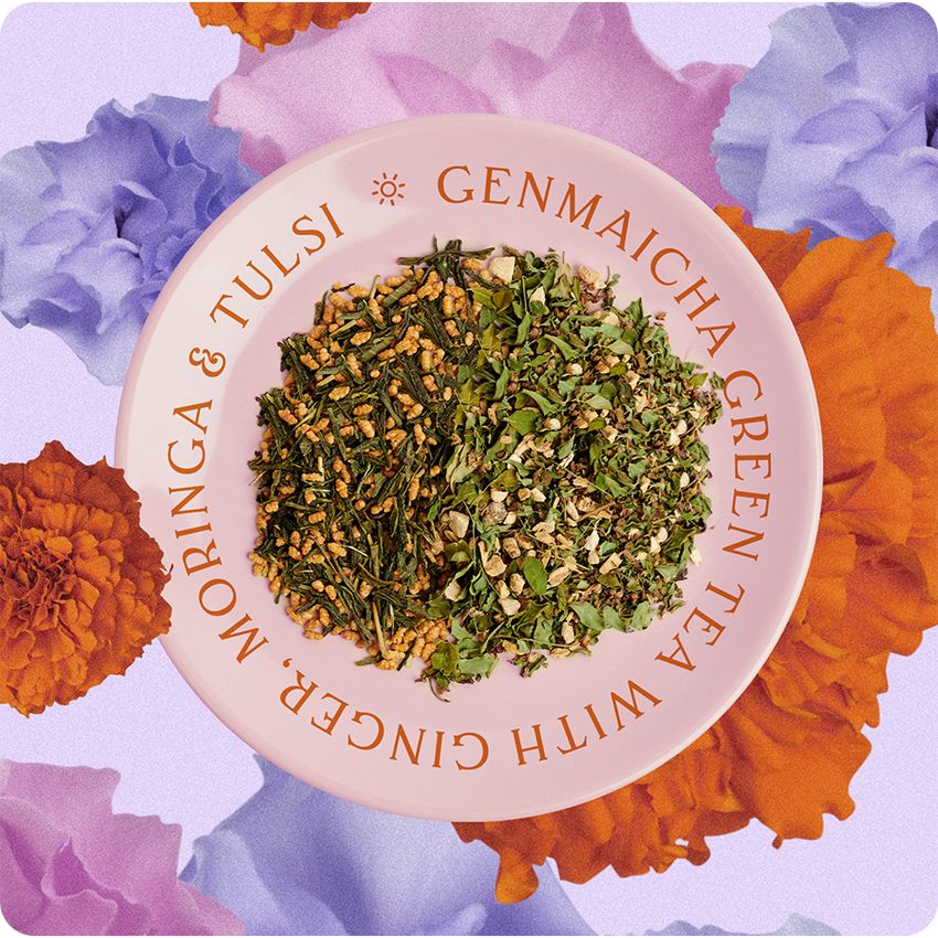 Genmaicha chá verde com gengibre, moringa e tulsi